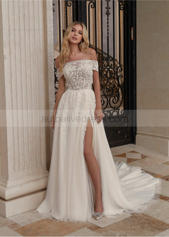 Beaded Ivory Lace Tulle Slit Enchanting Wedding Dress